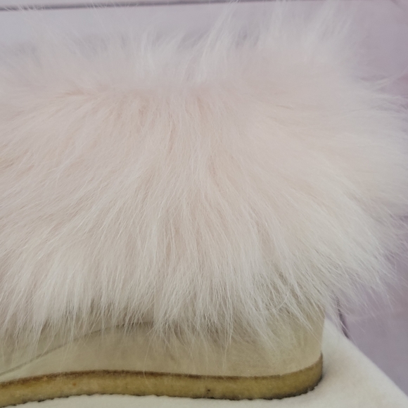 Rue Du Jour Ankle Boots Womens 38 Suede Leather Taupe Nude Fur Trim Wedge Heel - Picture 9 of 9